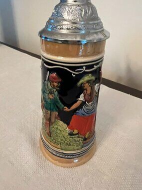 VTG Beer Stein W/ Germany Dancing Couple Hand Painted Pewter Lid 10" Tall